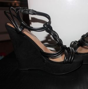 Black Suede Braided design Spaghetti straps wedges